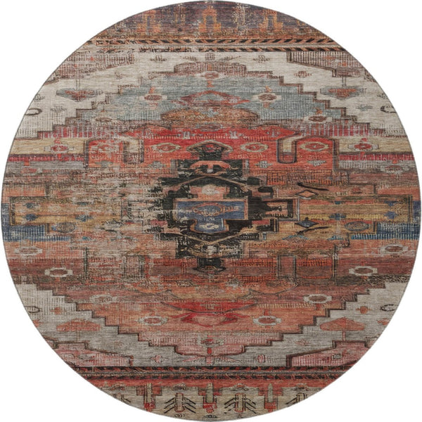 HomeRoots 8' Elegant Rust Gray and Beige Oriental Washable Round Rug with UV Protection for All Spaces 701042