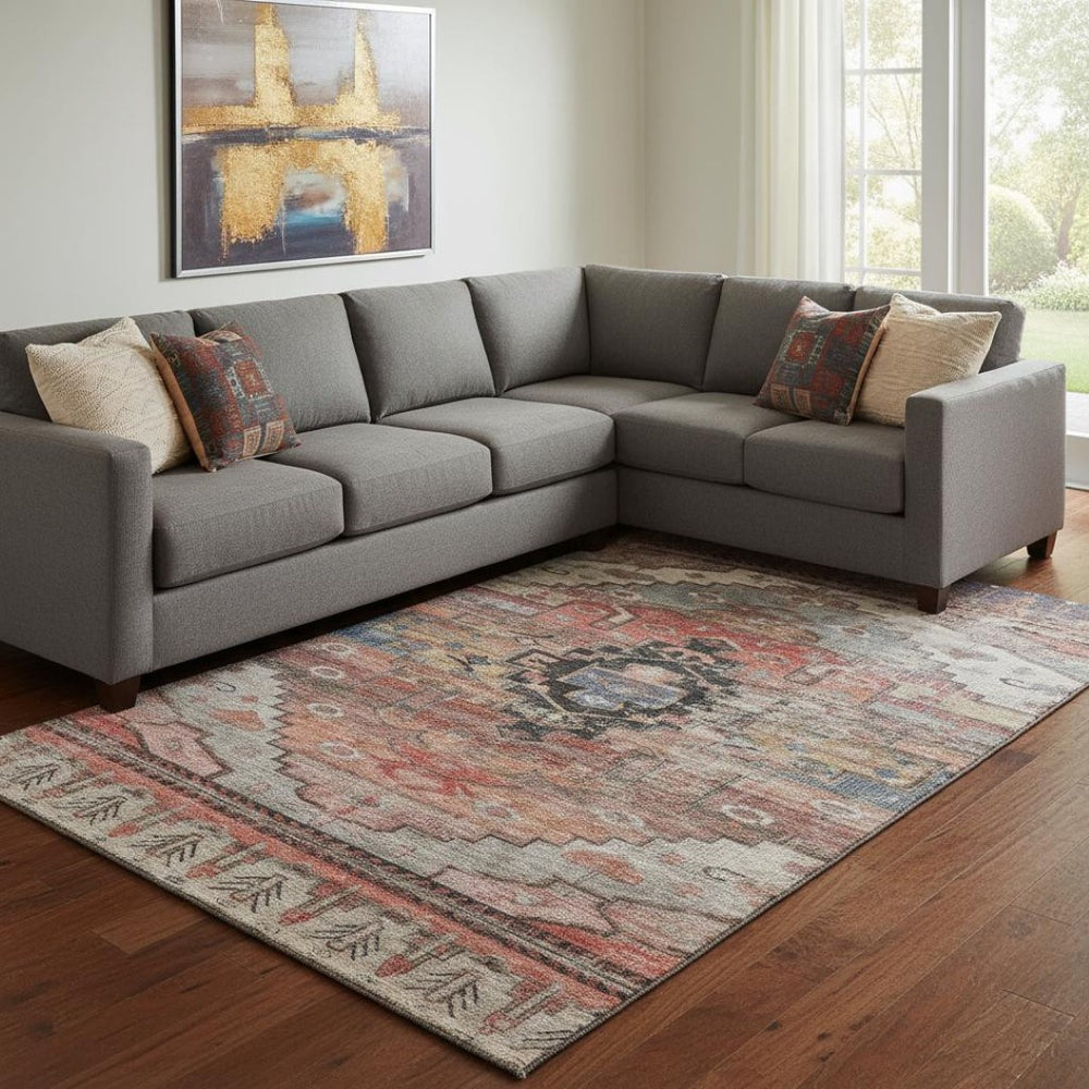 HomeRoots 8' X 10' Elegant Rust Gray & Beige Oriental Washable Rug with UV Protection for High-Traffic Areas 701043