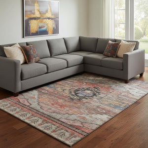 HomeRoots 8' X 10' Elegant Rust Gray & Beige Oriental Washable Rug with UV Protection for High-Traffic Areas 701043