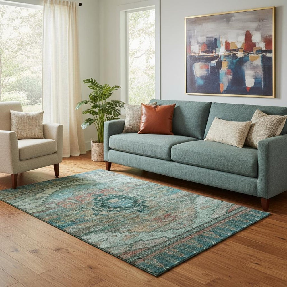 HomeRoots 5' x 8' Teal Copper Gold Oriental Area Rug – Washable, Stain-Resistant, UV Protected for Busy Homes 701047