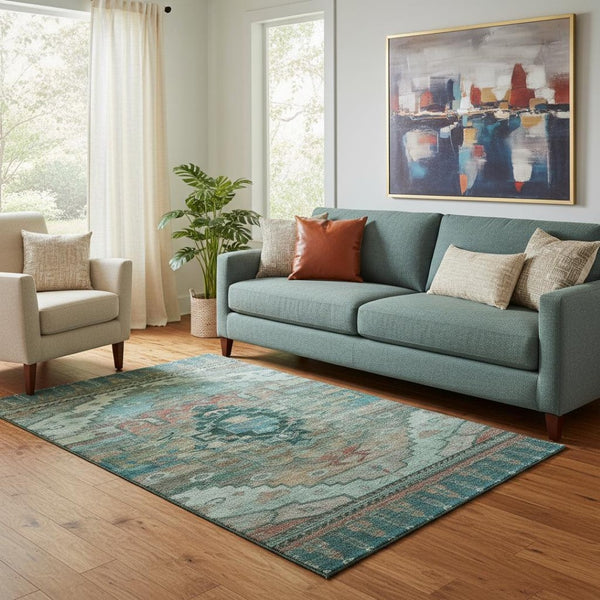 HomeRoots 5' x 8' Teal Copper Gold Oriental Area Rug – Washable, Stain-Resistant, UV Protected for Busy Homes 701047