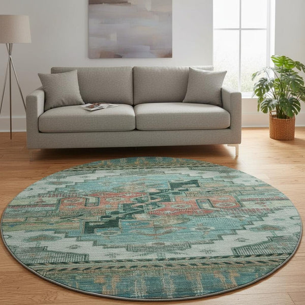 HomeRoots 8' Teal Copper Gold Oriental Round Rug - UV Protected, Washable, Durable Design for High-Traffic Spaces 701048