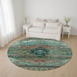 HomeRoots 8' Teal Copper Gold Oriental Round Rug - UV Protected, Washable, Durable Design for High-Traffic Spaces 701048