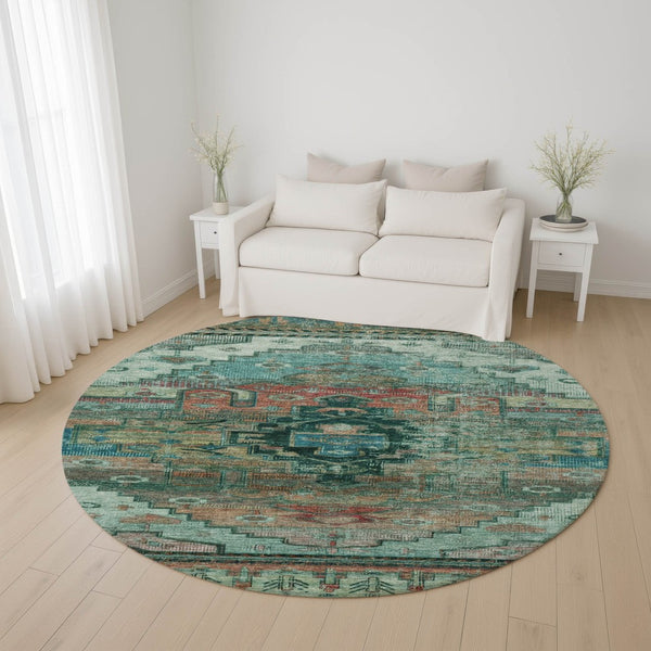 HomeRoots 8' Teal Copper Gold Oriental Round Rug - UV Protected, Washable, Durable Design for High-Traffic Spaces 701048