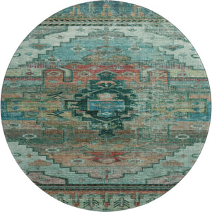 HomeRoots 8' Teal Copper Gold Oriental Round Rug - UV Protected, Washable, Durable Design for High-Traffic Spaces 701048