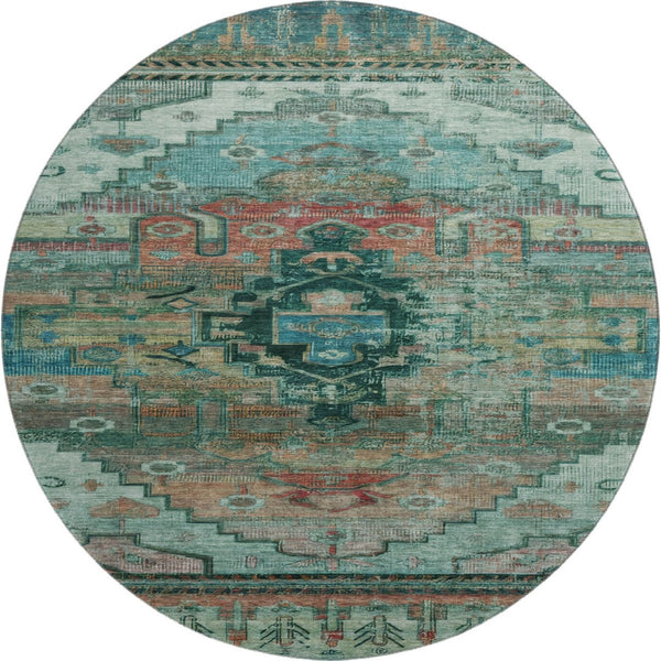 HomeRoots 8' Teal Copper Gold Oriental Round Rug - UV Protected, Washable, Durable Design for High-Traffic Spaces 701048