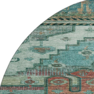 HomeRoots 8' Teal Copper Gold Oriental Round Rug - UV Protected, Washable, Durable Design for High-Traffic Spaces 701048