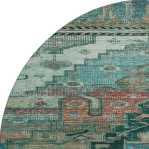 HomeRoots 8' Teal Copper Gold Oriental Round Rug - UV Protected, Washable, Durable Design for High-Traffic Spaces 701048
