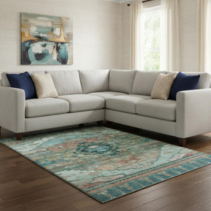 HomeRoots 8' X 10' Teal Copper Gold Oriental Area Rug - Washable, Stain Resistant & UV Protected for Families 701049