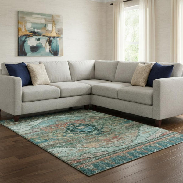 HomeRoots 8' X 10' Teal Copper Gold Oriental Area Rug - Washable, Stain Resistant & UV Protected for Families 701049