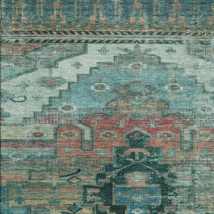 HomeRoots 8' X 10' Teal Copper Gold Oriental Area Rug - Washable, Stain Resistant & UV Protected for Families 701049