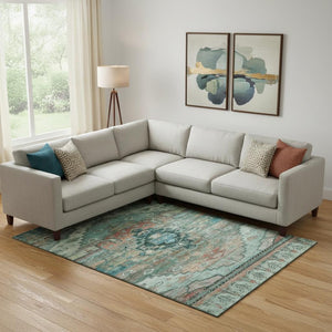 HomeRoots 9' X 12' Elegant Teal Copper Gold Oriental Area Rug – Washable, UV Protected, Stain Resistant & Durable 701050