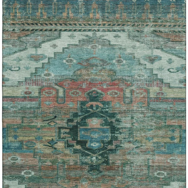 HomeRoots 9' X 12' Elegant Teal Copper Gold Oriental Area Rug – Washable, UV Protected, Stain Resistant & Durable 701050