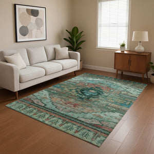 HomeRoots 10' X 14' Teal Copper & Gold Oriental Area Rug - Washable, UV-Protected, Stain-Resistant & Non-Slip! 701051