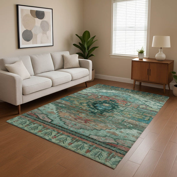 HomeRoots 10' X 14' Teal Copper & Gold Oriental Area Rug - Washable, UV-Protected, Stain-Resistant & Non-Slip! 701051