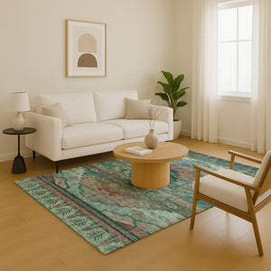 HomeRoots 10' X 14' Teal Copper & Gold Oriental Area Rug - Washable, UV-Protected, Stain-Resistant & Non-Slip! 701051