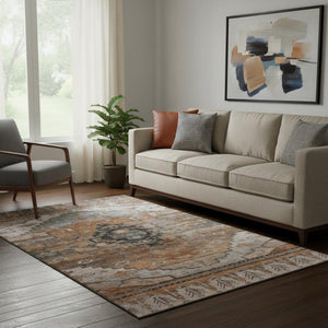 HomeRoots 5' X 8' Terra Cotta Gray Beige Oriental Area Rug - Stylish Washable Design with UV Protection! 701053