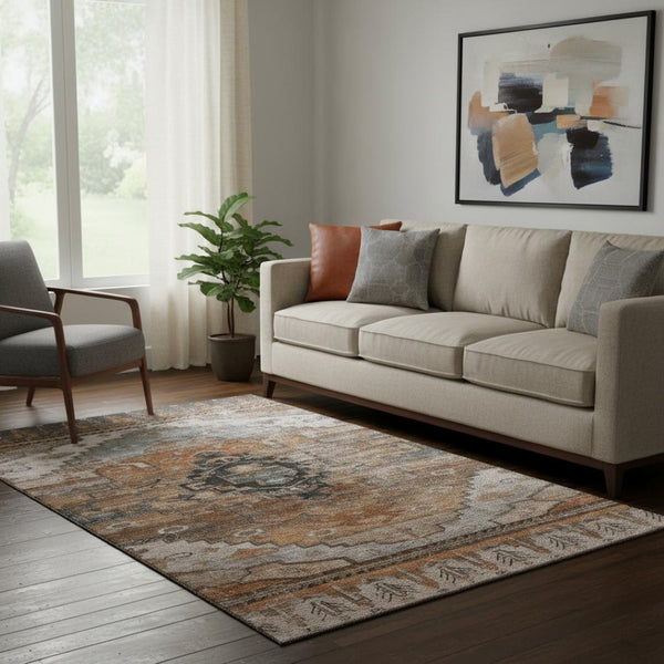 HomeRoots 5' X 8' Terra Cotta Gray Beige Oriental Area Rug - Stylish Washable Design with UV Protection! 701053