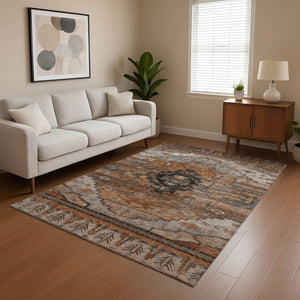 HomeRoots 5' X 8' Terra Cotta Gray Beige Oriental Area Rug - Stylish Washable Design with UV Protection! 701053