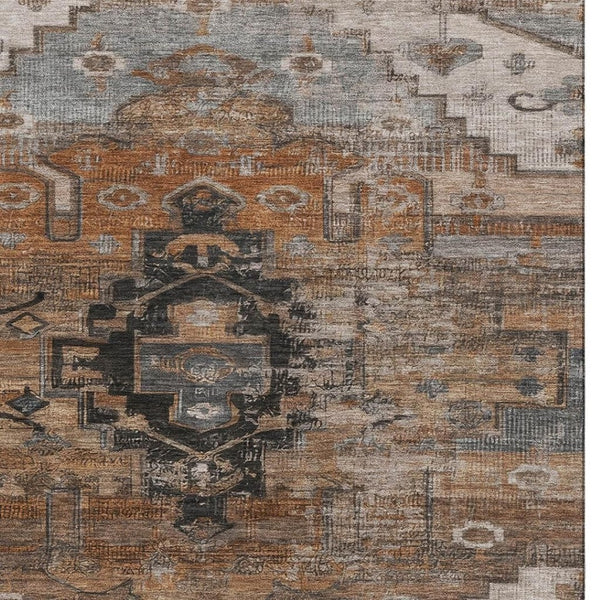 HomeRoots 5' X 8' Terra Cotta Gray Beige Oriental Area Rug - Stylish Washable Design with UV Protection! 701053
