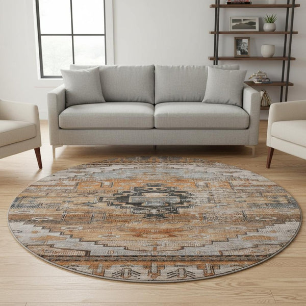 HomeRoots 8' Stylish Terra Cotta Gray & Beige Oriental Round Rug - Washable, UV Protected, Ideal for Busy Homes 701054