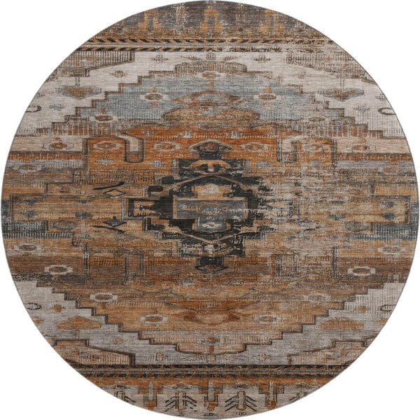 HomeRoots 8' Stylish Terra Cotta Gray & Beige Oriental Round Rug - Washable, UV Protected, Ideal for Busy Homes 701054