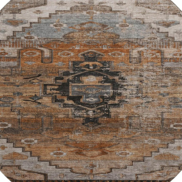 HomeRoots 8' Stylish Terra Cotta Gray & Beige Oriental Round Rug - Washable, UV Protected, Ideal for Busy Homes 701054