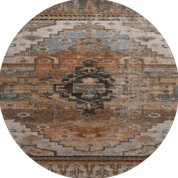 HomeRoots 8' Stylish Terra Cotta Gray & Beige Oriental Round Rug - Washable, UV Protected, Ideal for Busy Homes 701054