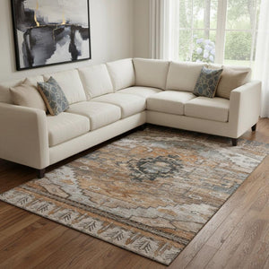HomeRoots 8' X 10' Elegant Terra Cotta Gray Beige Washable Area Rug with UV Protection for Family Homes 701055