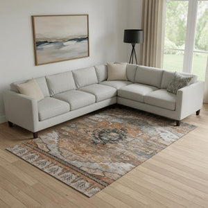 HomeRoots 9' X 12' Stylish Terra Cotta Gray Beige Washable Area Rug - UV Protected, Stain Resistant Design! 701056