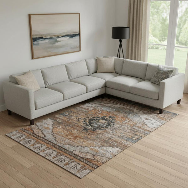 HomeRoots 9' X 12' Stylish Terra Cotta Gray Beige Washable Area Rug - UV Protected, Stain Resistant Design! 701056