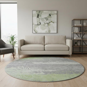 HomeRoots 8' Modern Abstract Washable Round Rug in Artichoke Green, Gray & Silver – UV Protection & Easy Care 701060