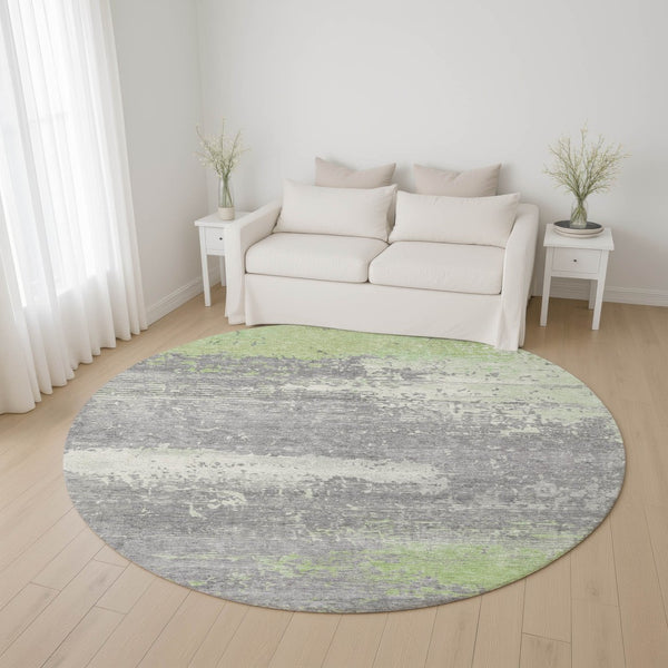 HomeRoots 8' Modern Abstract Washable Round Rug in Artichoke Green, Gray & Silver – UV Protection & Easy Care 701060
