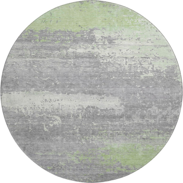 HomeRoots 8' Modern Abstract Washable Round Rug in Artichoke Green, Gray & Silver – UV Protection & Easy Care 701060