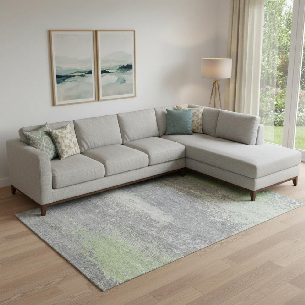 HomeRoots 9' X 12' Washable Abstract Area Rug in Artichoke Green, Gray & Silver - UV Protection & Stain Resistant! 701062