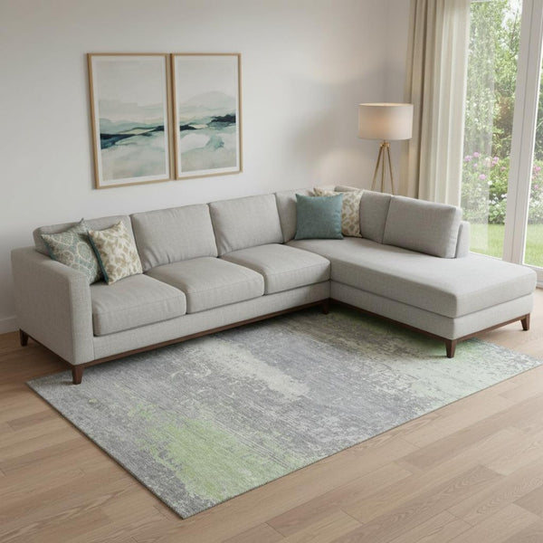HomeRoots 9' X 12' Washable Abstract Area Rug in Artichoke Green, Gray & Silver - UV Protection & Stain Resistant! 701062