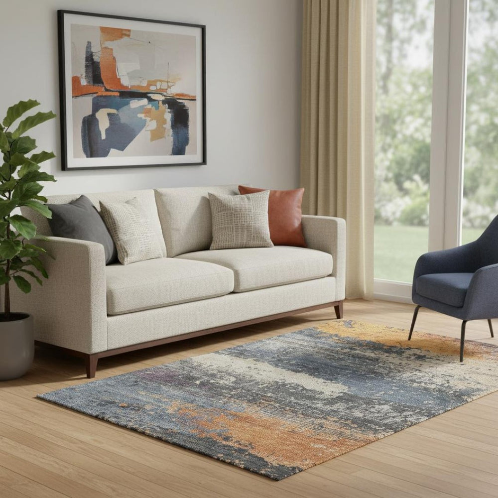 HomeRoots 5' Vibrant Blue, Orange & Ivory Abstract Area Rug - Washable, UV Resistant & Non-Slip Backing! 701065