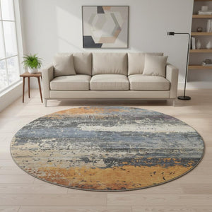 HomeRoots 8' Vibrant Blue Orange Ivory Abstract Washable Round Rug with UV Protection for Busy Homes 701066