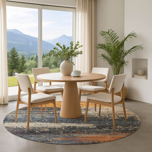 HomeRoots 8' Vibrant Blue Orange Ivory Abstract Washable Round Rug with UV Protection for Busy Homes 701066