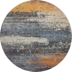 HomeRoots 8' Vibrant Blue Orange Ivory Abstract Washable Round Rug with UV Protection for Busy Homes 701066
