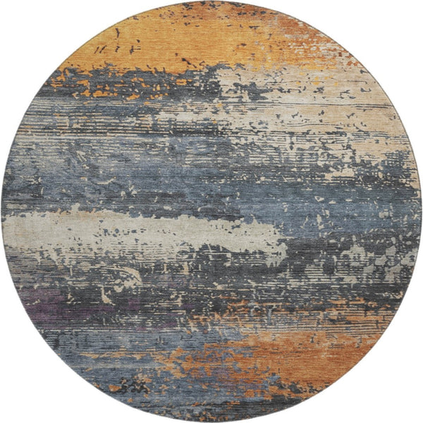 HomeRoots 8' Vibrant Blue Orange Ivory Abstract Washable Round Rug with UV Protection for Busy Homes 701066