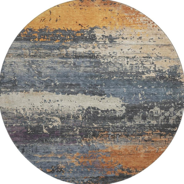HomeRoots 8' Vibrant Blue Orange Ivory Abstract Washable Round Rug with UV Protection for Busy Homes 701066