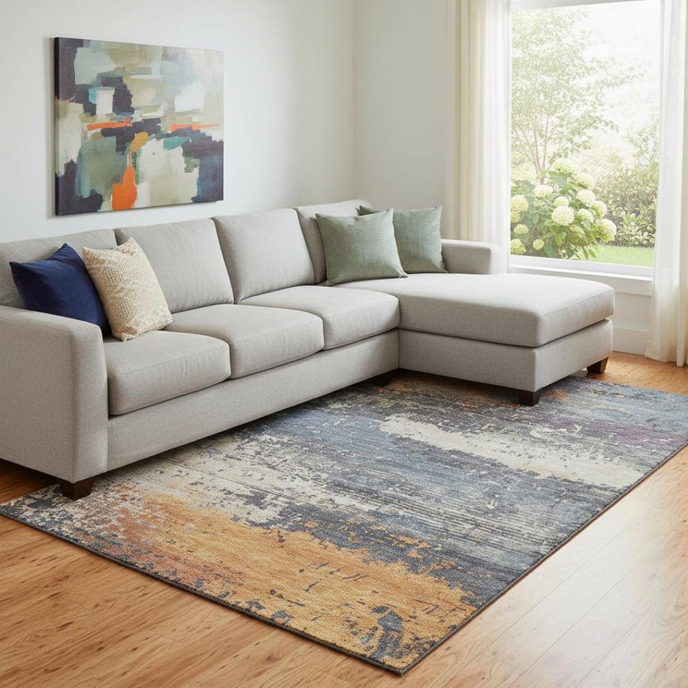 HomeRoots 8' X 10' Vibrant Blue, Orange & Ivory Abstract Washable Area Rug with UV Protection for Homes 701067