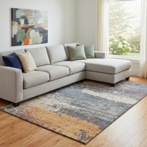 HomeRoots 8' X 10' Vibrant Blue, Orange & Ivory Abstract Washable Area Rug with UV Protection for Homes 701067