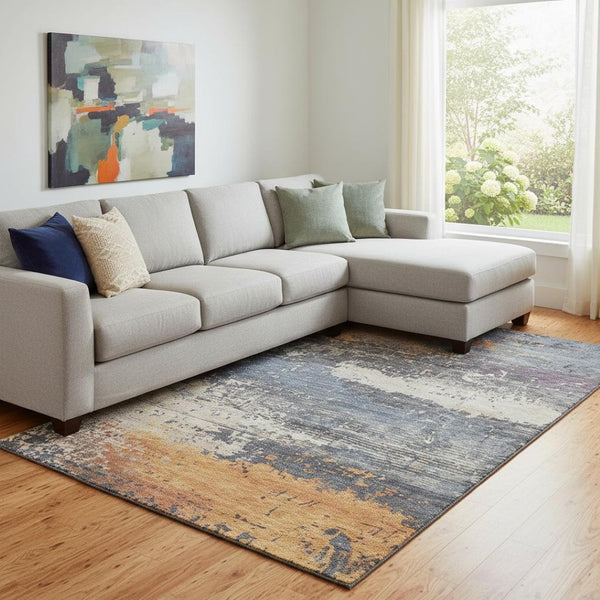 HomeRoots 8' X 10' Vibrant Blue, Orange & Ivory Abstract Washable Area Rug with UV Protection for Homes 701067