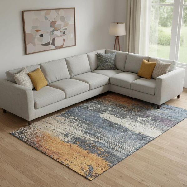 HomeRoots 9' X 12' Stylish Washable Area Rug in Blue, Orange & Ivory - UV Protected, Non-Slip, Easy-Care Design 701068