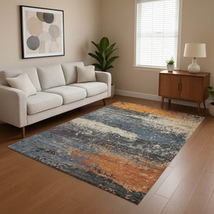 HomeRoots 9' X 12' Stylish Washable Area Rug in Blue, Orange & Ivory - UV Protected, Non-Slip, Easy-Care Design 701068