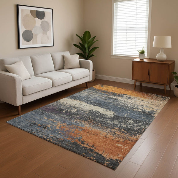 HomeRoots 9' X 12' Stylish Washable Area Rug in Blue, Orange & Ivory - UV Protected, Non-Slip, Easy-Care Design 701068