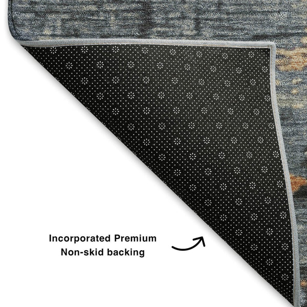 HomeRoots 9' X 12' Stylish Washable Area Rug in Blue, Orange & Ivory - UV Protected, Non-Slip, Easy-Care Design 701068