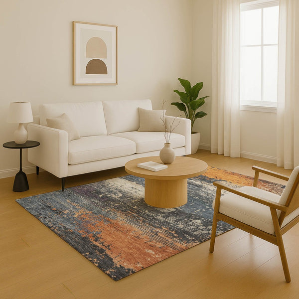 HomeRoots 9' X 12' Stylish Washable Area Rug in Blue, Orange & Ivory - UV Protected, Non-Slip, Easy-Care Design 701068